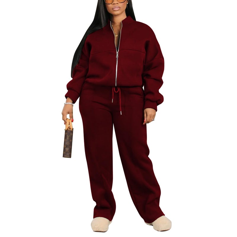 PINSV Women's 2 Piece Outfits Sweatsuits Full Zip Sweatshirts Wide Leg Sweatpant Set Tracksuit Burgundy S - Image 1