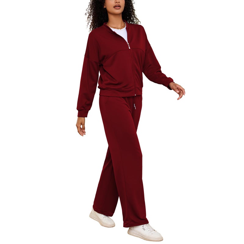 PINSV Women's 2 Piece Outfits Sweatsuits Full Zip Sweatshirts Wide Leg Sweatpant Set Tracksuit Burgundy S - Image 4