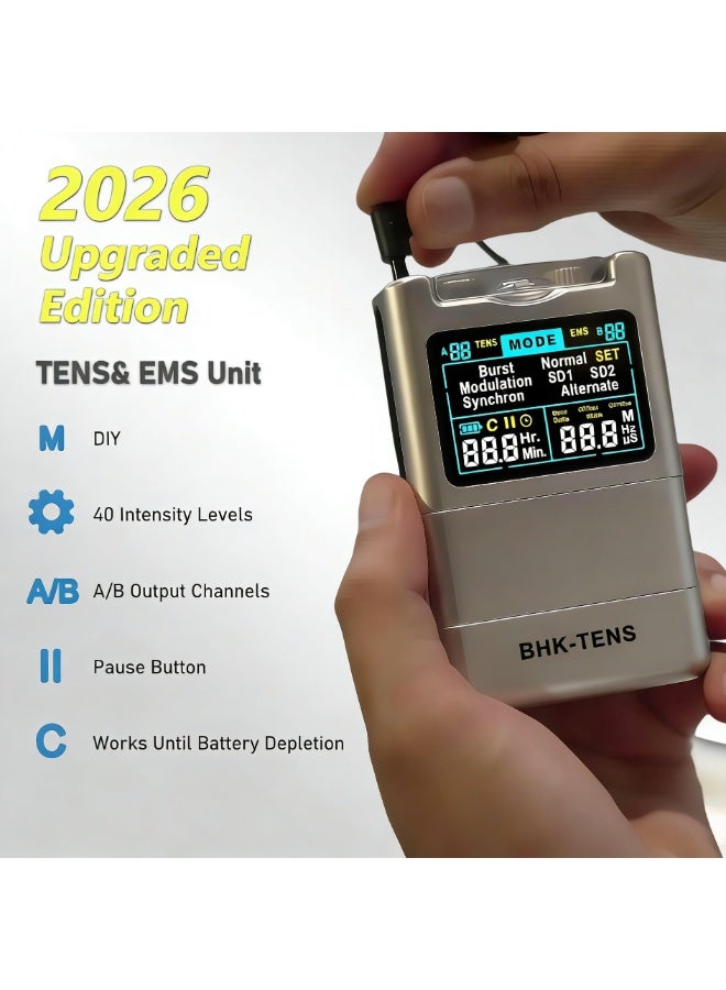 BHKTENS 3 in 1 TENS EMS Unit Muscle Stimulator with Carry Case for Back Pain Relief, Upgraded Color LCD TENS Machine for Chronic Pain, Muscle Relaxation, Home Use. with 8 Customizable Pulse Modes, 8 TENS Pads, 40 Intensitys - Image 2