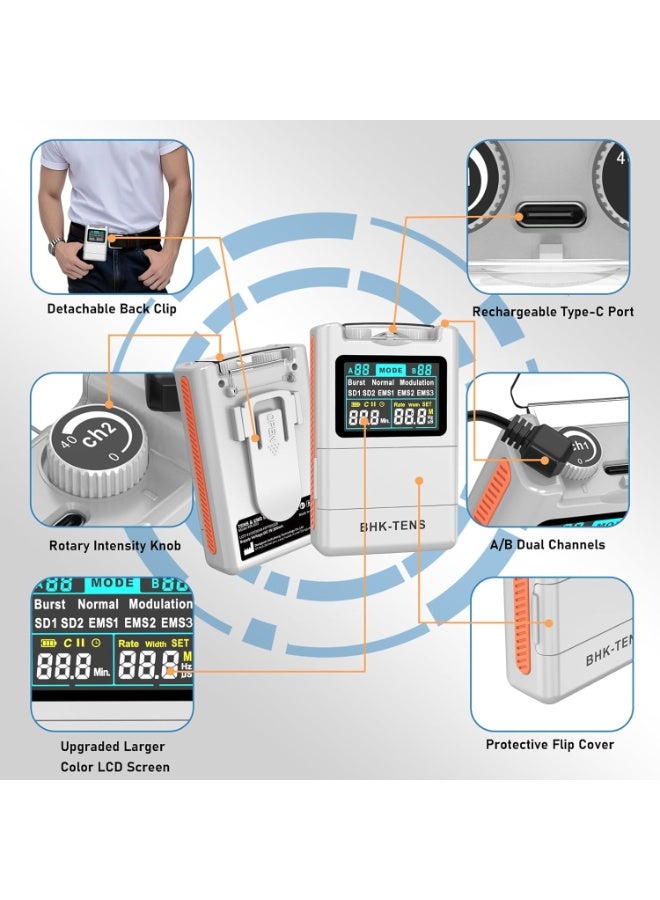 BHKTENS 3 in 1 TENS EMS Unit Muscle Stimulator with Carry Case for Back Pain Relief, Upgraded Color LCD TENS Machine for Chronic Pain, Muscle Relaxation, Home Use. with 8 Customizable Pulse Modes, 8 TENS Pads, 40 Intensitys - Image 3