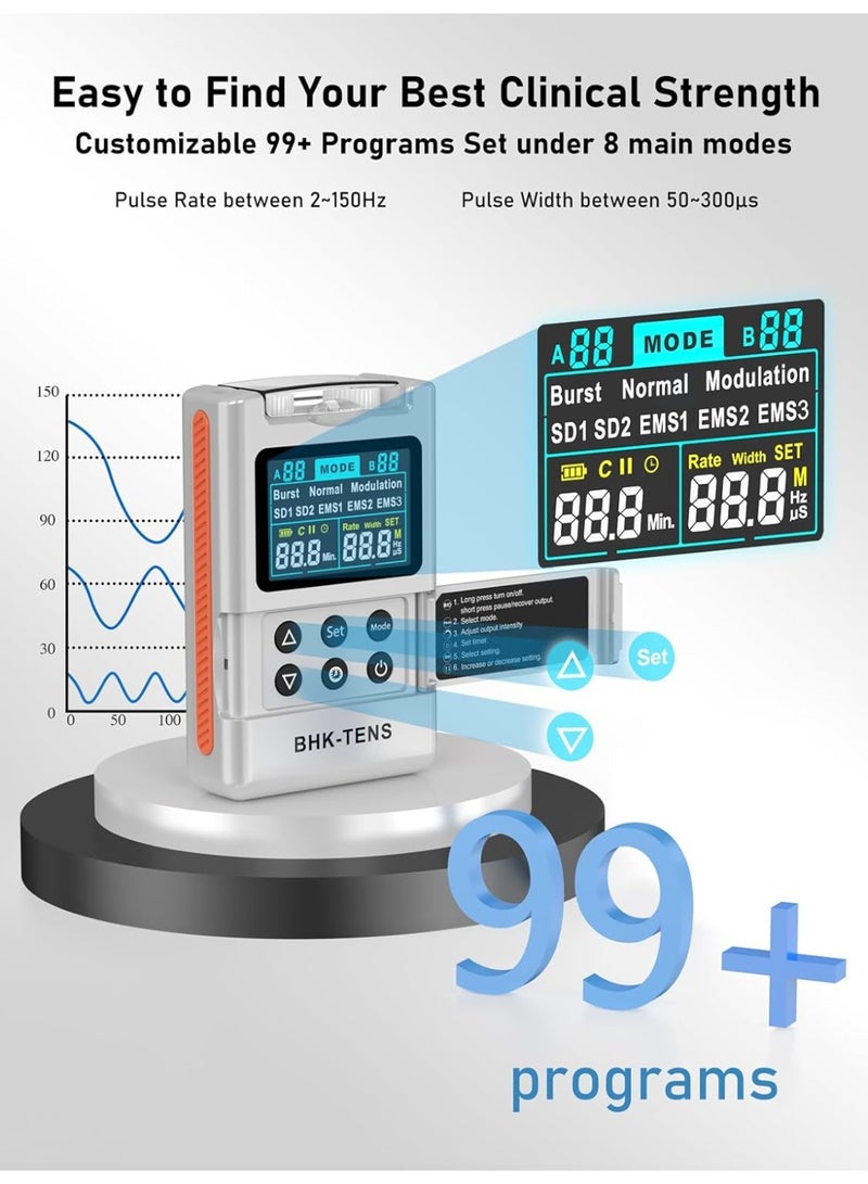 BHKTENS 3 in 1 TENS EMS Unit Muscle Stimulator with Carry Case for Back Pain Relief, Upgraded Color LCD TENS Machine for Chronic Pain, Muscle Relaxation, Home Use. with 8 Customizable Pulse Modes, 8 TENS Pads, 40 Intensitys - Image 5