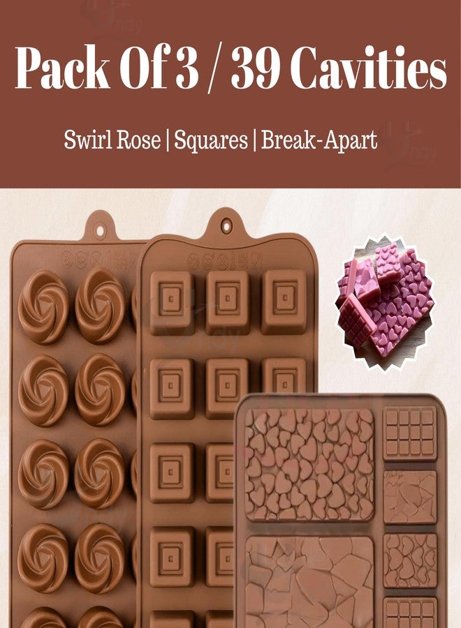 Undy Chocolate Mould Silicone Swirl Rose Square Rectangle Bars Break Apart Shape Chocolate Mould for Chocolate Making Multipurpose Jelly Ice Cubes Cake Decoration Tools, 3 PCS, Brown - Image 2
