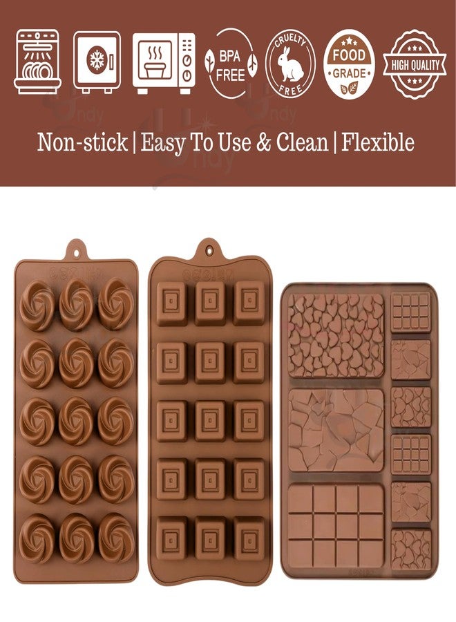 Undy Chocolate Mould Silicone Swirl Rose Square Rectangle Bars Break Apart Shape Chocolate Mould for Chocolate Making Multipurpose Jelly Ice Cubes Cake Decoration Tools, 3 PCS, Brown - Image 3