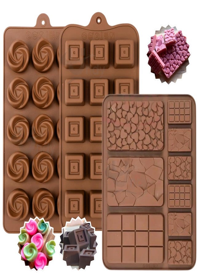 Undy Chocolate Mould Silicone Swirl Rose Square Rectangle Bars Break Apart Shape Chocolate Mould for Chocolate Making Multipurpose Jelly Ice Cubes Cake Decoration Tools, 3 PCS, Brown - Image 1