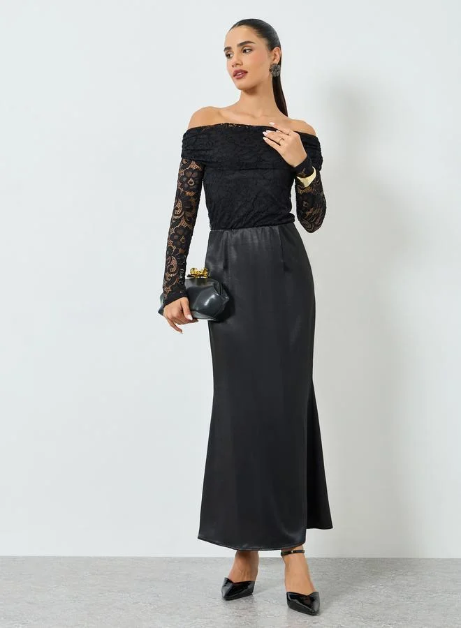 Styli Black Off-Shoulder Long Sleeve Lace Top