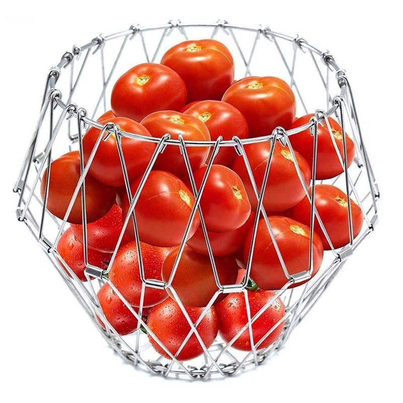 Ramkuwar Multipurpose Stainless Steel Folding Round Shape Fruit Bowl and Vegetable Basket for Dining or Center Table Home Office Kitchen Flexible 8 Shapes Wire BasketSilver 500 ml - Image 1