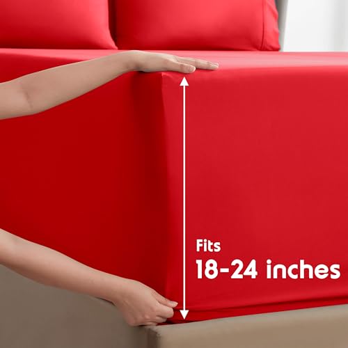 Nestl Extra Deep King Sheet Set - 6 Piece Breathable & Cooling Sheets - Hotel Luxury Bedding Set w/18-24 Inch Deep Pockets - Easy & Secure Fit - Super Soft, Wrinkle Free & Comfy - Red - Image 2