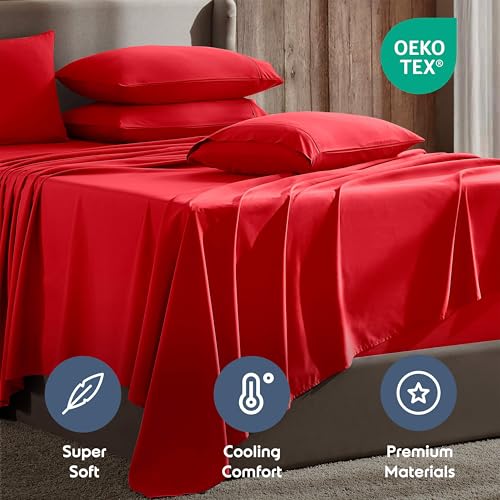 Nestl Extra Deep King Sheet Set - 6 Piece Breathable & Cooling Sheets - Hotel Luxury Bedding Set w/18-24 Inch Deep Pockets - Easy & Secure Fit - Super Soft, Wrinkle Free & Comfy - Red - Image 4