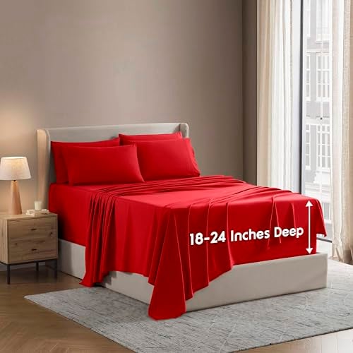 Nestl Extra Deep King Sheet Set - 6 Piece Breathable & Cooling Sheets - Hotel Luxury Bedding Set w/18-24 Inch Deep Pockets - Easy & Secure Fit - Super Soft, Wrinkle Free & Comfy - Red - Image 1