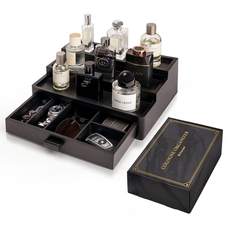 BRITEREE Cologne Organizer for Men, 3 Tier Wooden Cologne Stand with Drawer Storage and Hidden Compartment, Perfume Display Holder for Dresser, Great Gifts for Men and Women Valentine, Black - Image 1