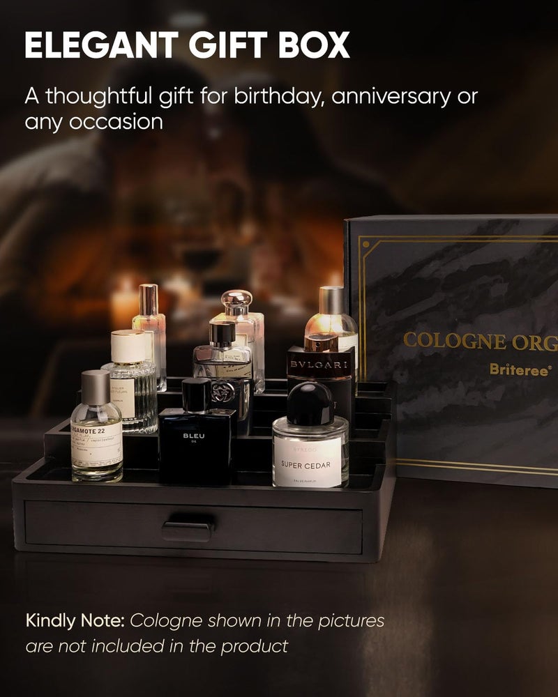 BRITEREE Cologne Organizer for Men, 3 Tier Wooden Cologne Stand with Drawer Storage and Hidden Compartment, Perfume Display Holder for Dresser, Great Gifts for Men and Women Valentine, Black - Image 3