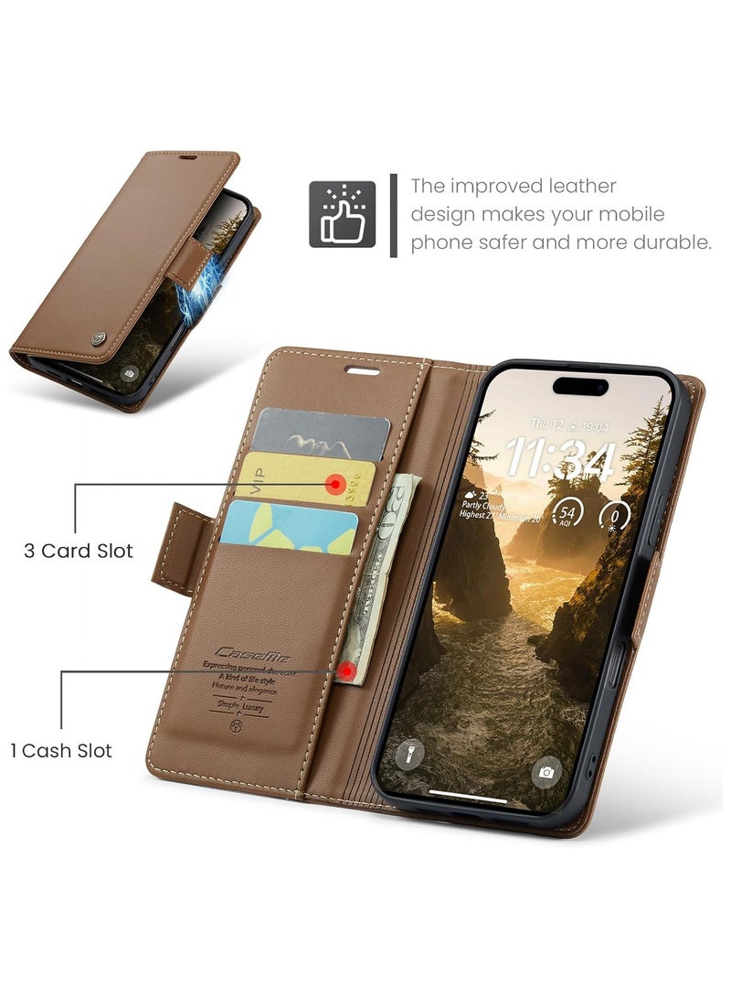 حافظة محفظة متعددة الوظائف لهاتف iPhone 17 Pro، مزودة بحامل للبطاقات، وحماية ضد تقنية RFID، وغطاء قلّاب من جلد البولي يوريثان المقاوم للماء – بني - Image 3