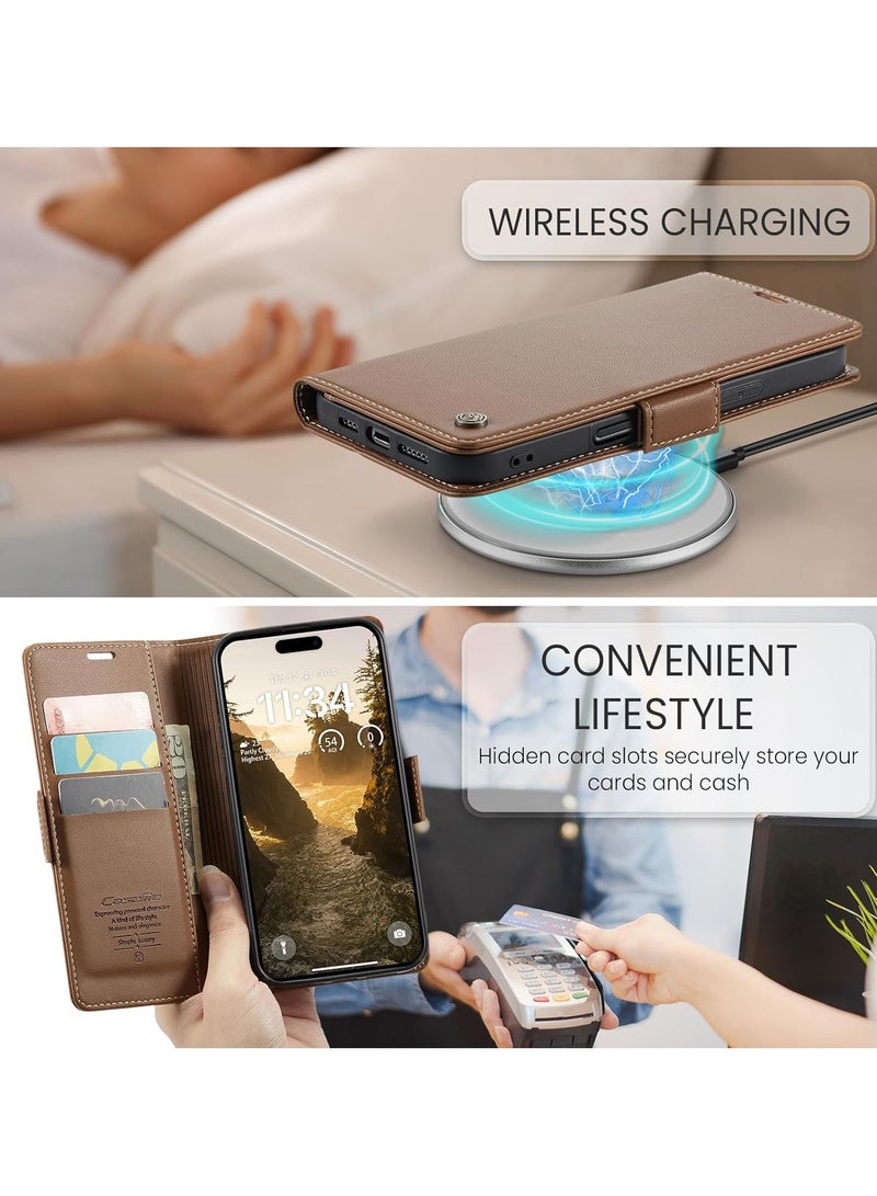 حافظة محفظة متعددة الوظائف لهاتف iPhone 17 Pro، مزودة بحامل للبطاقات، وحماية ضد تقنية RFID، وغطاء قلّاب من جلد البولي يوريثان المقاوم للماء – بني - Image 4