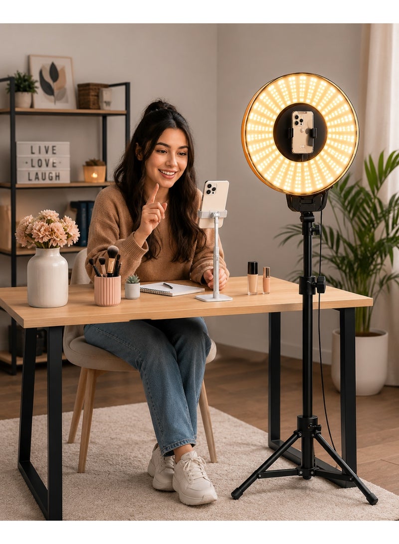 إضاءة رينج لايت LED مع حامل ثلاثي وحامل هاتف – رينج لايت قابلة لتعديل السطوع للبث المباشر، المكياج، التصوير وتسجيل الفيديو - Image 1