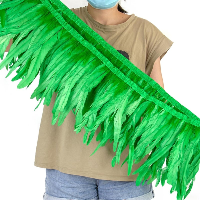 Rooster Tail Feathers 2 Meters Green: Luxurious Elegant Touch, Durable Ribbon Base For Easy Sewing, Natural Feather Fringe - Soft High-end Finish, Feather Ribbon For Wedding Gowns, Evening Gowns, Home - Image 1