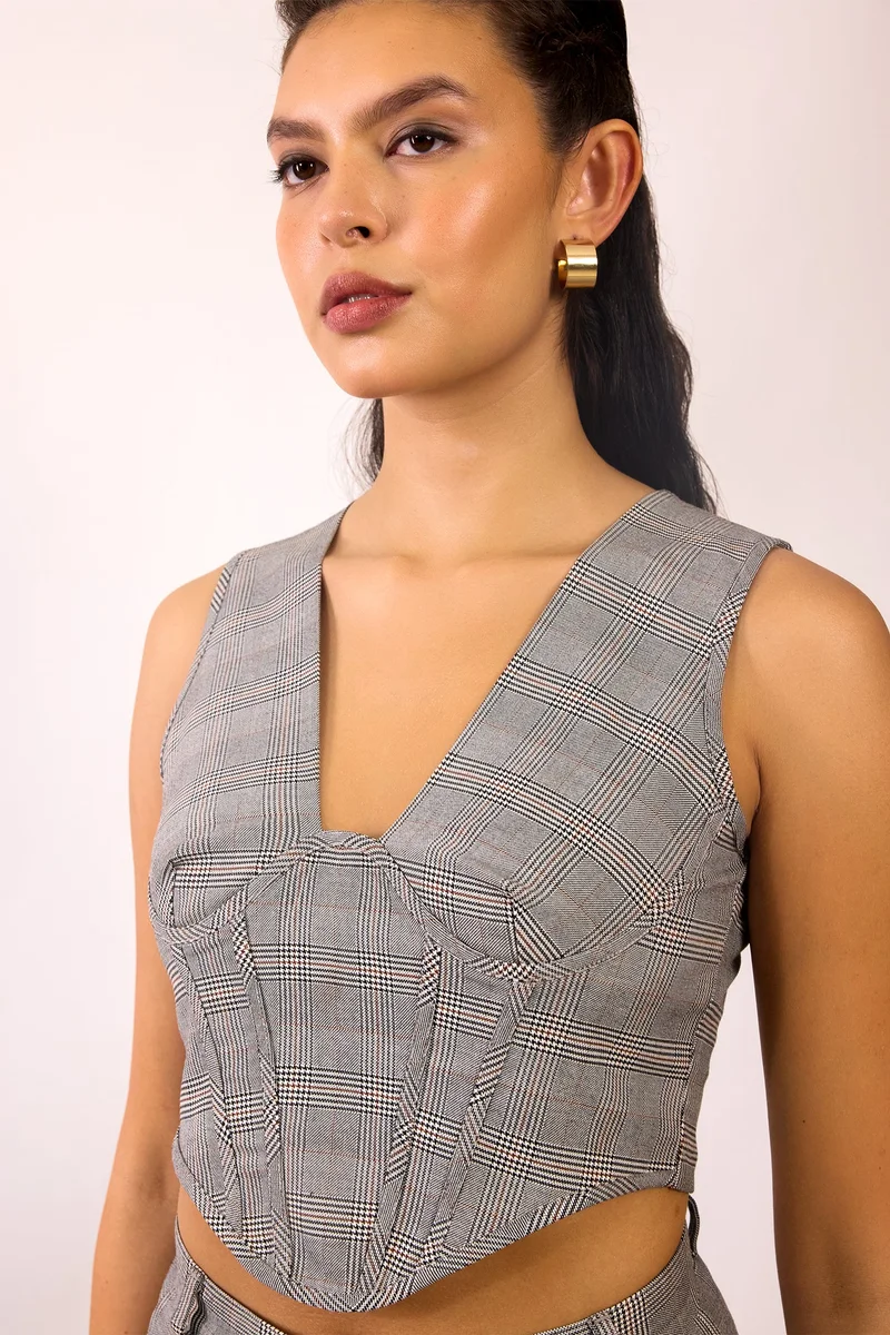 Virgio Checks Viscose V-Neck Grey Corset Crop Top for Women