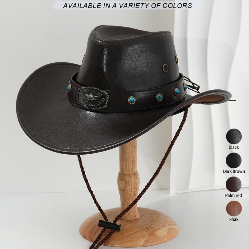 Men'S And Women'S Fashion Pu Leather Cowboy Hat Party Hat Metal Carving Cow Head With Sapphire Diamond Competitive Performance - Image 2