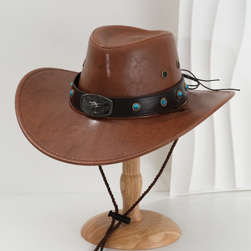 Men'S And Women'S Fashion Pu Leather Cowboy Hat Party Hat Metal Carving Cow Head With Sapphire Diamond Competitive Performance - Image 5