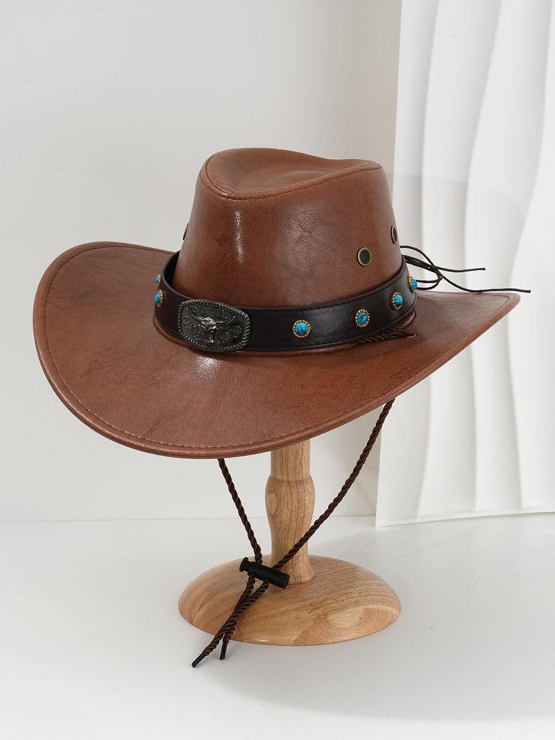 Men'S And Women'S Fashion Pu Leather Cowboy Hat Party Hat Metal Carving Cow Head With Sapphire Diamond Competitive Performance - Image 1