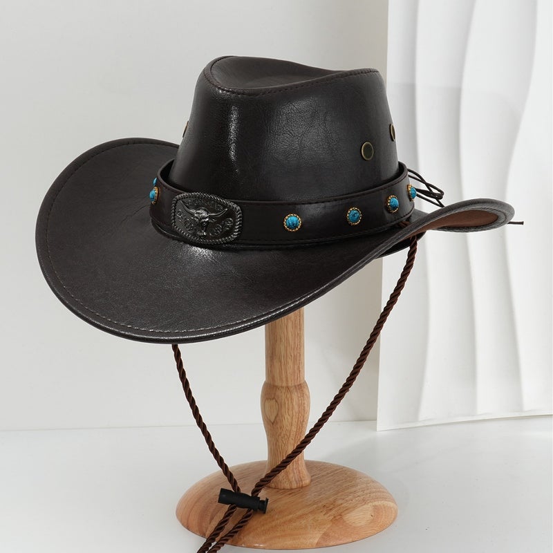 Men'S And Women'S Fashion Pu Leather Cowboy Hat Party Hat Metal Carving Cow Head With Sapphire Diamond Competitive Performance - Image 3