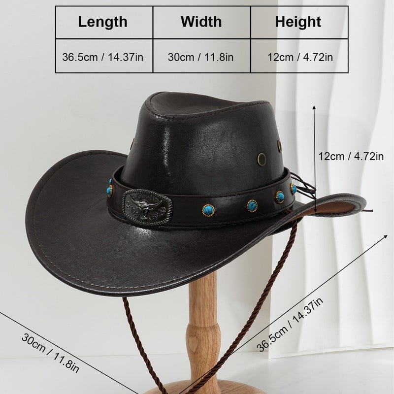 Men'S And Women'S Fashion Pu Leather Cowboy Hat Party Hat Metal Carving Cow Head With Sapphire Diamond Competitive Performance - Image 4