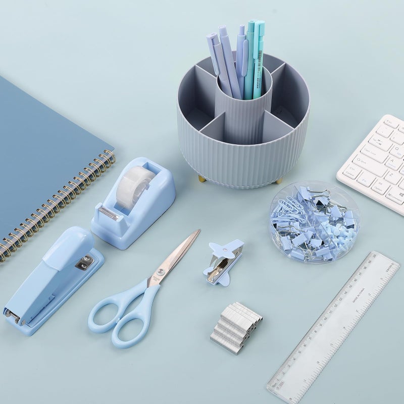 SKYDUE Desk Organizers and Accessories 10Pcs, 360-Degree Rotating Pen Holder, Stapler, Staple Remover, Tape Dispenser,2pcs Tape Refills, Binder Paper Clips Kit, Scissor (Blue) - Image 2