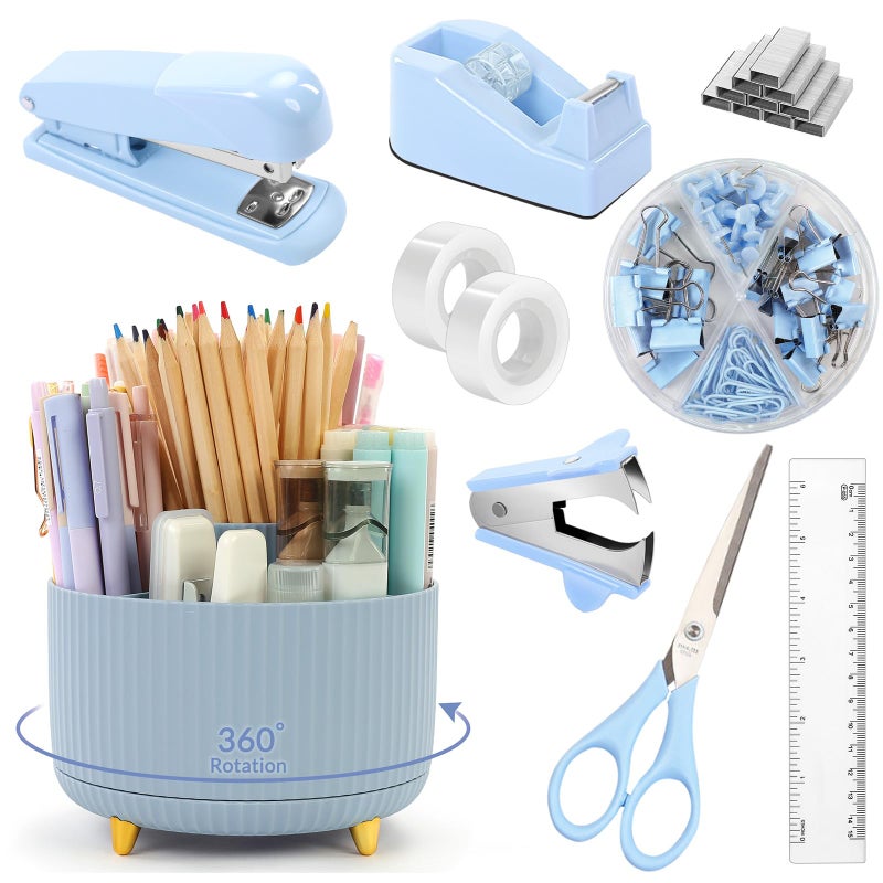 SKYDUE Desk Organizers and Accessories 10Pcs, 360-Degree Rotating Pen Holder, Stapler, Staple Remover, Tape Dispenser,2pcs Tape Refills, Binder Paper Clips Kit, Scissor (Blue) - Image 1