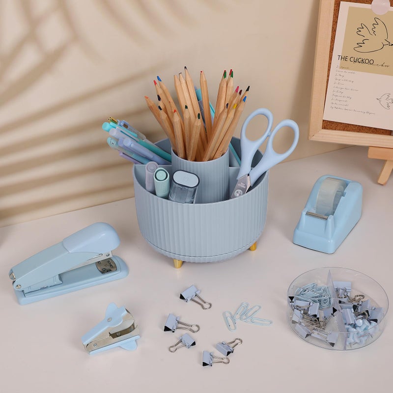 SKYDUE Desk Organizers and Accessories 10Pcs, 360-Degree Rotating Pen Holder, Stapler, Staple Remover, Tape Dispenser,2pcs Tape Refills, Binder Paper Clips Kit, Scissor (Blue) - Image 4