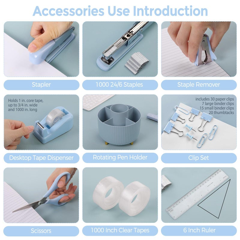 SKYDUE Desk Organizers and Accessories 10Pcs, 360-Degree Rotating Pen Holder, Stapler, Staple Remover, Tape Dispenser,2pcs Tape Refills, Binder Paper Clips Kit, Scissor (Blue) - Image 5