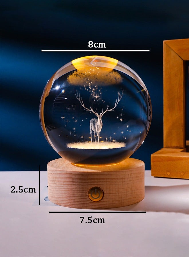 Arabest Rechargeable 3D Crystal Ball Night Light LED Light with Wooden Base Glass Ball Decorative Night Light, Touch to Turn on LED Light Decorative Light Gift Home Desktop Decor Longhorn Deer - Image 3