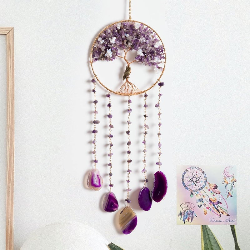 Dreamsum Purple Tree of Life Dream Catchers with Agate Pendant Natural Dream Catchers for Aunt Wall Decor Handmade Dreamcatcher Wall Hanging Ornament for Bedroom Living Room Home Decor - Image 1