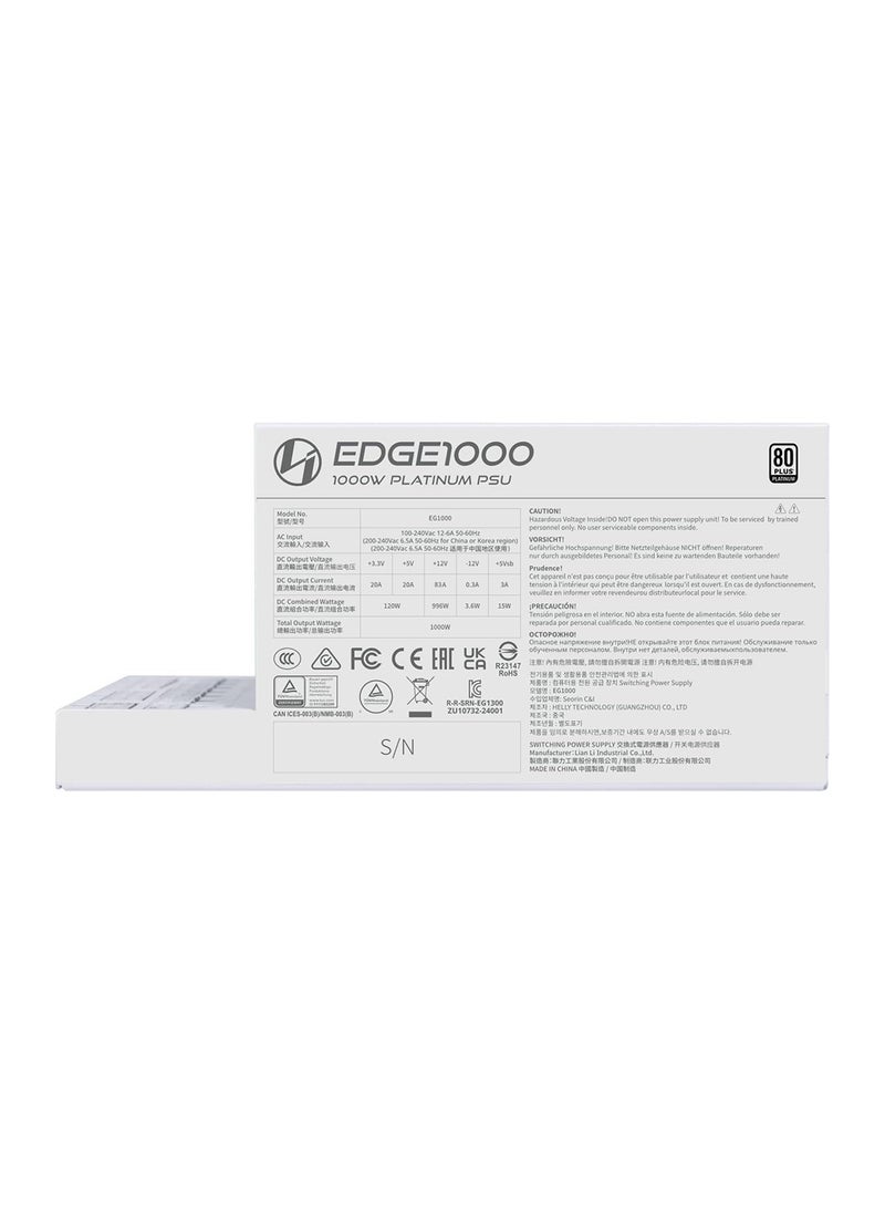 LIAN LI EDGE Gold 1000W Power Supply, Fully Modular ATX 3.0/3.1 Form Factor, 80 PLUS Platinum Certified, PCIe 5.1 Ready with 12V-2×6 Connector, USB/PWM Hub, L-Shape Design, FDB Fan, White | G9P.EG100G.WH00.UK  - Image 3