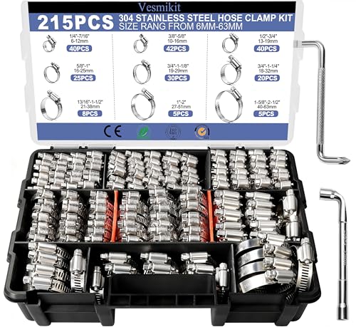 Vesmikit Hose Clamp Assortment- Vesmikit 215 PCS Stainless Steel Hose Clamps Kit 1/4"–2-1/2"(6-63mm) Worm Gear Clamps for Fuel Line, Plumbing, Automotive, Mechanical Applications, Pipe, Tube, Radiator, Garden - Image 1