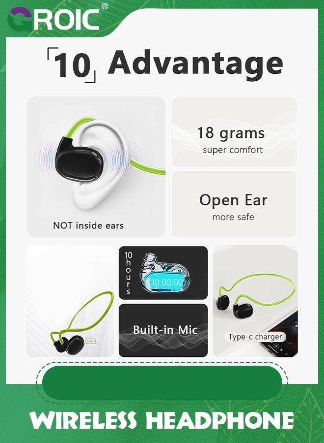 Green Wireless Headphone, Fast Charging Dual Microphone Noise Cancelling Air Conduction Earphone Stereo Sound Sweatproof 5.3 Wireless Headphone for Running