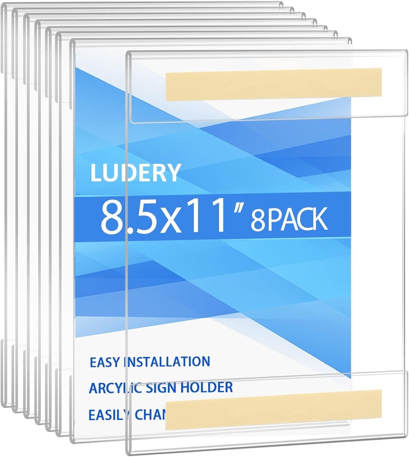 Ludery 8.5 x 11 Wall Mount Acrylic Sign Holders with Tape Adhesive, Clear Frames Paper Holder for Office, Home, Store, Restaurant(8 Pack) - Image 1