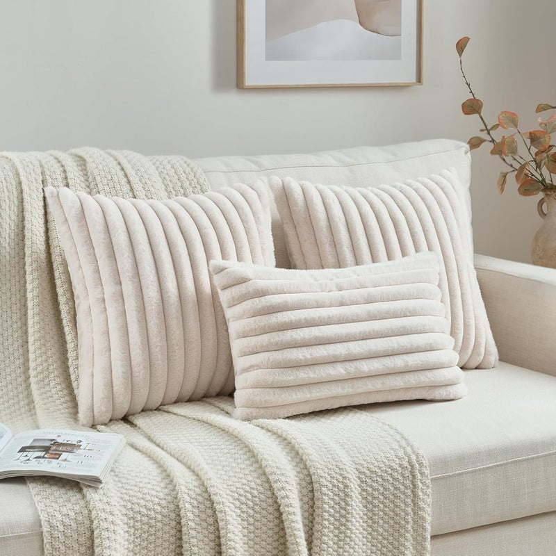 FUTEI Pack of 2 Fluffy Faux Fur Throw Pillow Covers 12x20 Inch Elegant Striped Textured Decorative Lumbar Pillowcases Modern Accent Pillow for Couch Bed Living Room, Light Beige - Image 4
