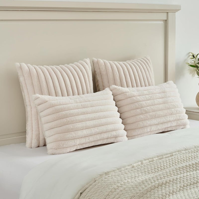 FUTEI Pack of 2 Fluffy Faux Fur Throw Pillow Covers 12x20 Inch Elegant Striped Textured Decorative Lumbar Pillowcases Modern Accent Pillow for Couch Bed Living Room, Light Beige - Image 5