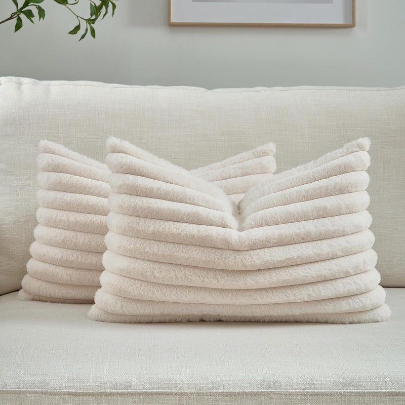 FUTEI Pack of 2 Fluffy Faux Fur Throw Pillow Covers 12x20 Inch Elegant Striped Textured Decorative Lumbar Pillowcases Modern Accent Pillow for Couch Bed Living Room, Light Beige - Image 1