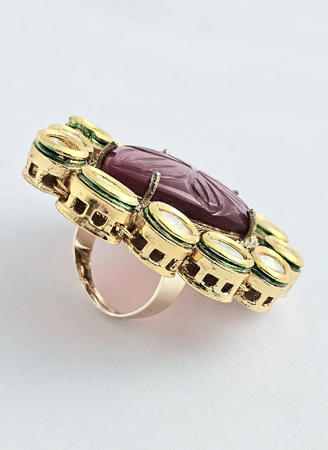 Binnis Wardrobe Gold-Plated Kundan Studded Mystic Carved Adjustable Finger Ring - Image 2