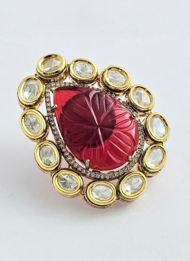 Binnis Wardrobe Gold-Plated Kundan Studded Mystic Carved Adjustable Finger Ring - Image 1