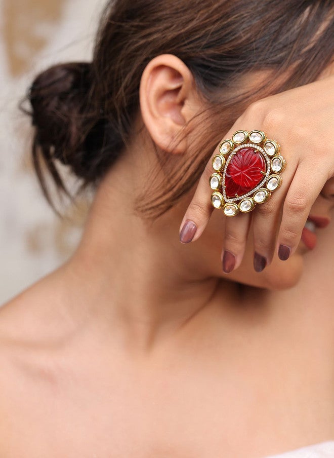 Binnis Wardrobe Gold-Plated Kundan Studded Mystic Carved Adjustable Finger Ring - Image 4