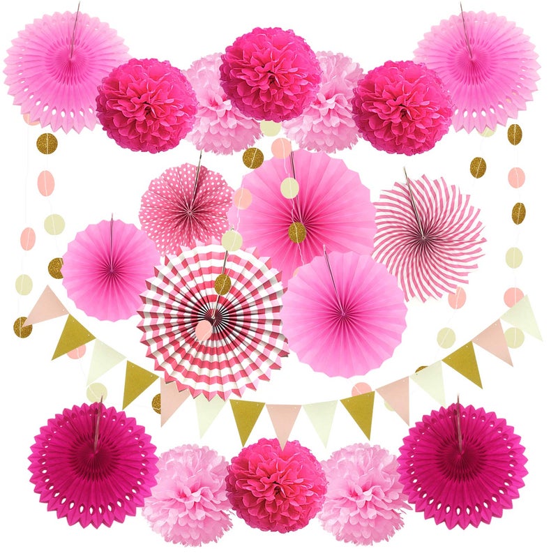 ZERODECO Party Decoration 21 Pcs Pink and Rose Red Hanging Paper Fans Pom Poms Flowers Garlands String Polka Dot and Triangle Bunting Flags for Birthday Parties Bridal Showers Baby Showers Wedding