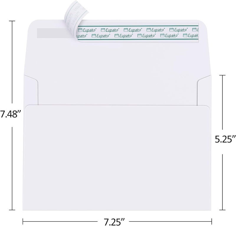 Eupako 5x7 Envelopes Self Seal 250 Pack, White A7 Envelopes, Kraft Paper Envelope for 5x7 Cards, Photos, Invitations, Wedding, Graduation, Baby Shower, 5.25 x 7.25 Inches - Image 2
