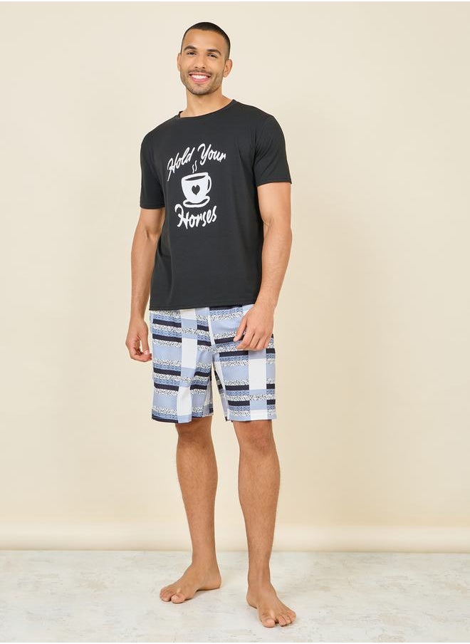 Styli - Coffee Slogan Print Crew Neck T-shirt and Check Short Set - Image 1