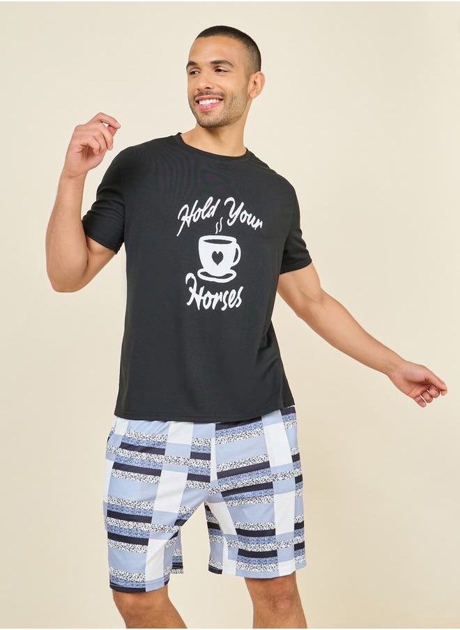 Styli - Coffee Slogan Print Crew Neck T-shirt and Check Short Set - Image 1