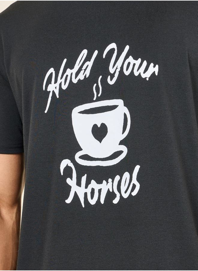 Styli - Coffee Slogan Print Crew Neck T-shirt and Check Short Set - Image 1