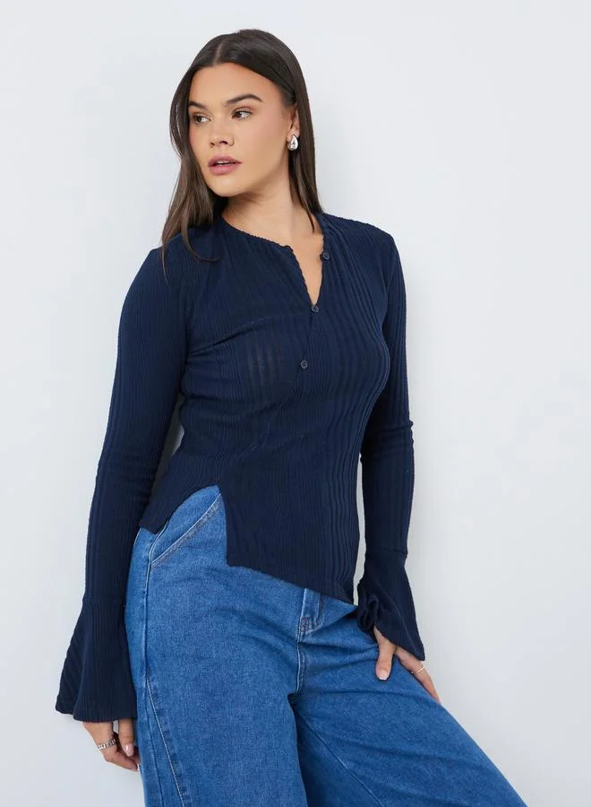 ستايلي Styli Fitted Knit Top with Bell Sleeves