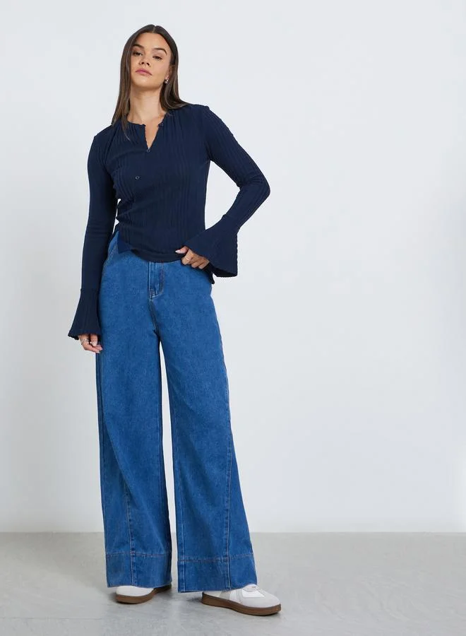 ستايلي Styli Fitted Knit Top with Bell Sleeves