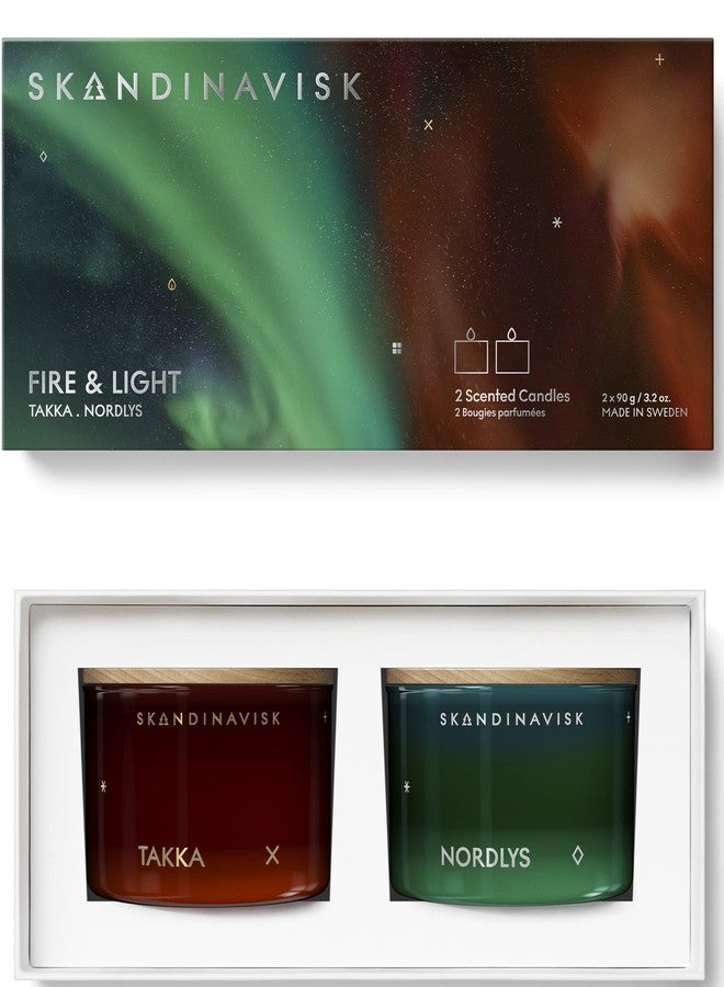 Skandinavisk FIRE & Light Giftset of 2 Scented Candles. NORDLYS 'Northern Light' and TAKKA 'Fireplace'. Vegan Formula. 2 x 3.17 oz. Gift Set - Image 1