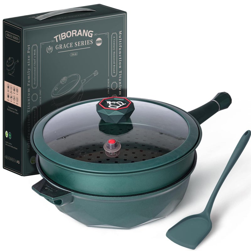 TIBORANG TIBORANG 8 in 1 Multipurpose 11 Inch 5 Quart Heat Indicator Nonstick Deep Frying Pan with Glass LidStaycool HandleSteamed GridPFOAFreeDishwasherOven SafeWorks with All StovetopsGreen 
